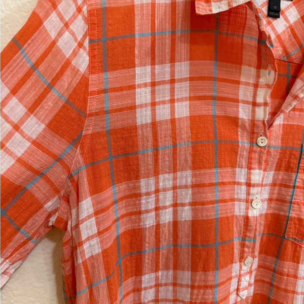 J. Crew Women Gauzy Popover Button Down in Orange Plaid Shirt Size 12 - Picture 3 of 13